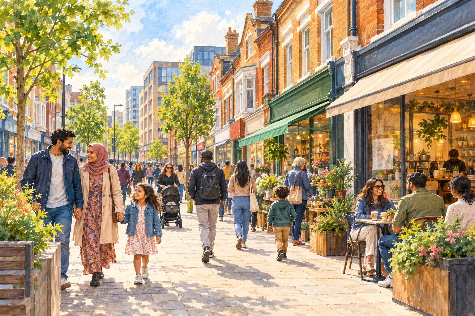 Representative watercolour illustration of shops and street life in Ilford