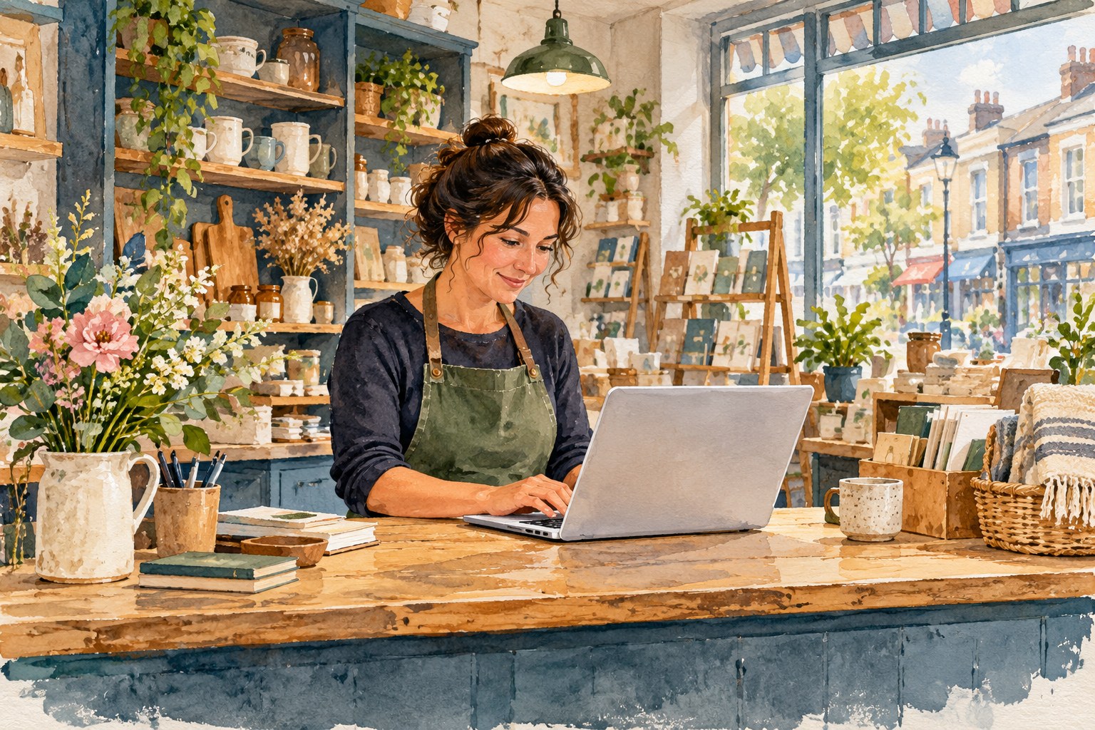 Representative watercolour illustration of an Ilford shop owner updating a business listing