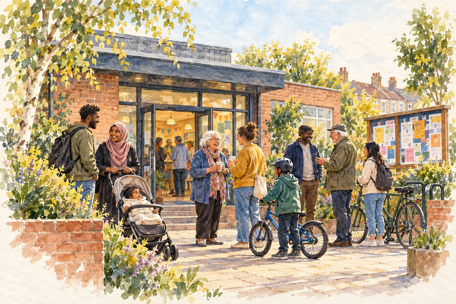 Representative watercolour illustration of neighbours meeting outside an Ilford community venue
