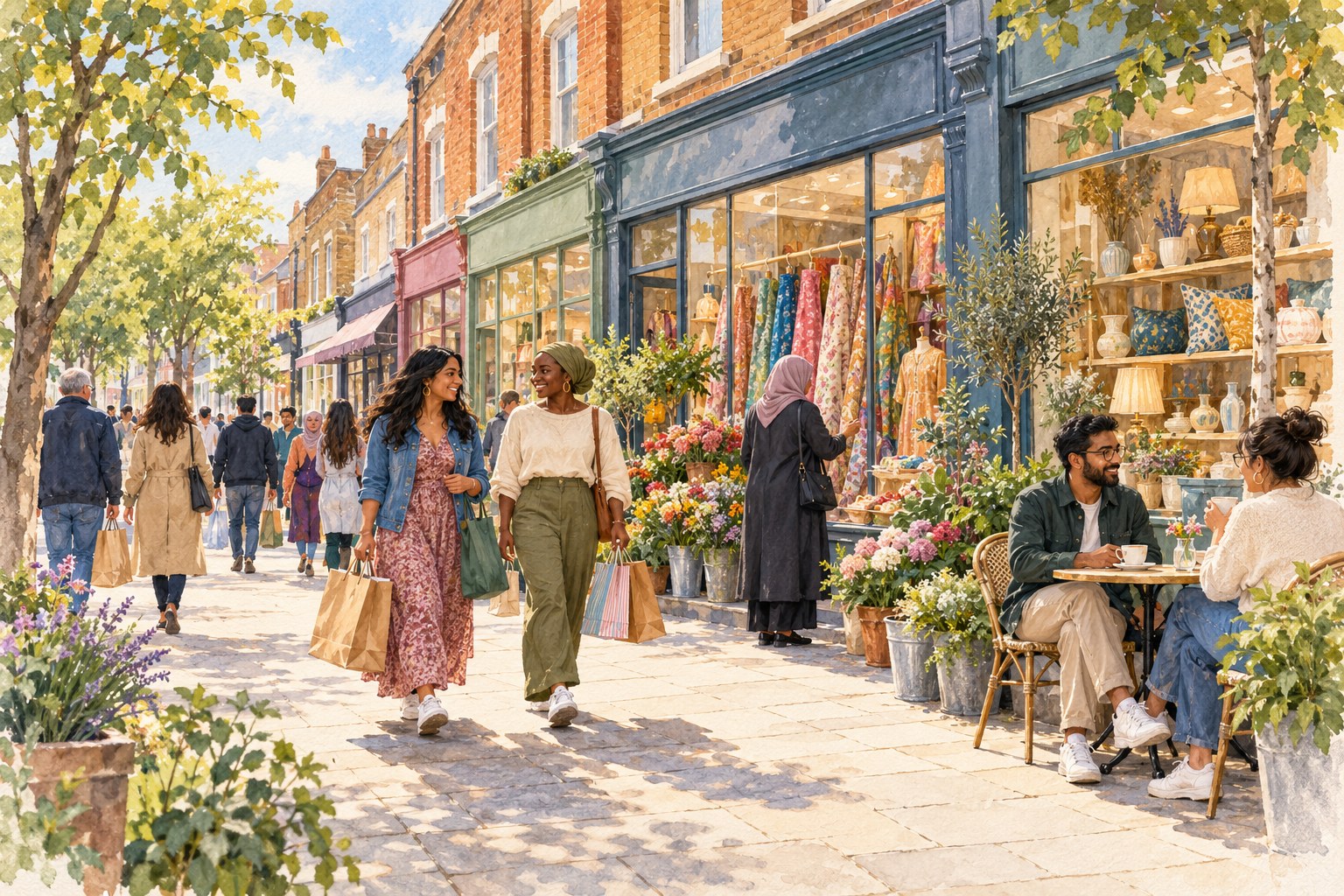 Representative watercolour illustration of shoppers and independent shop windows in Ilford