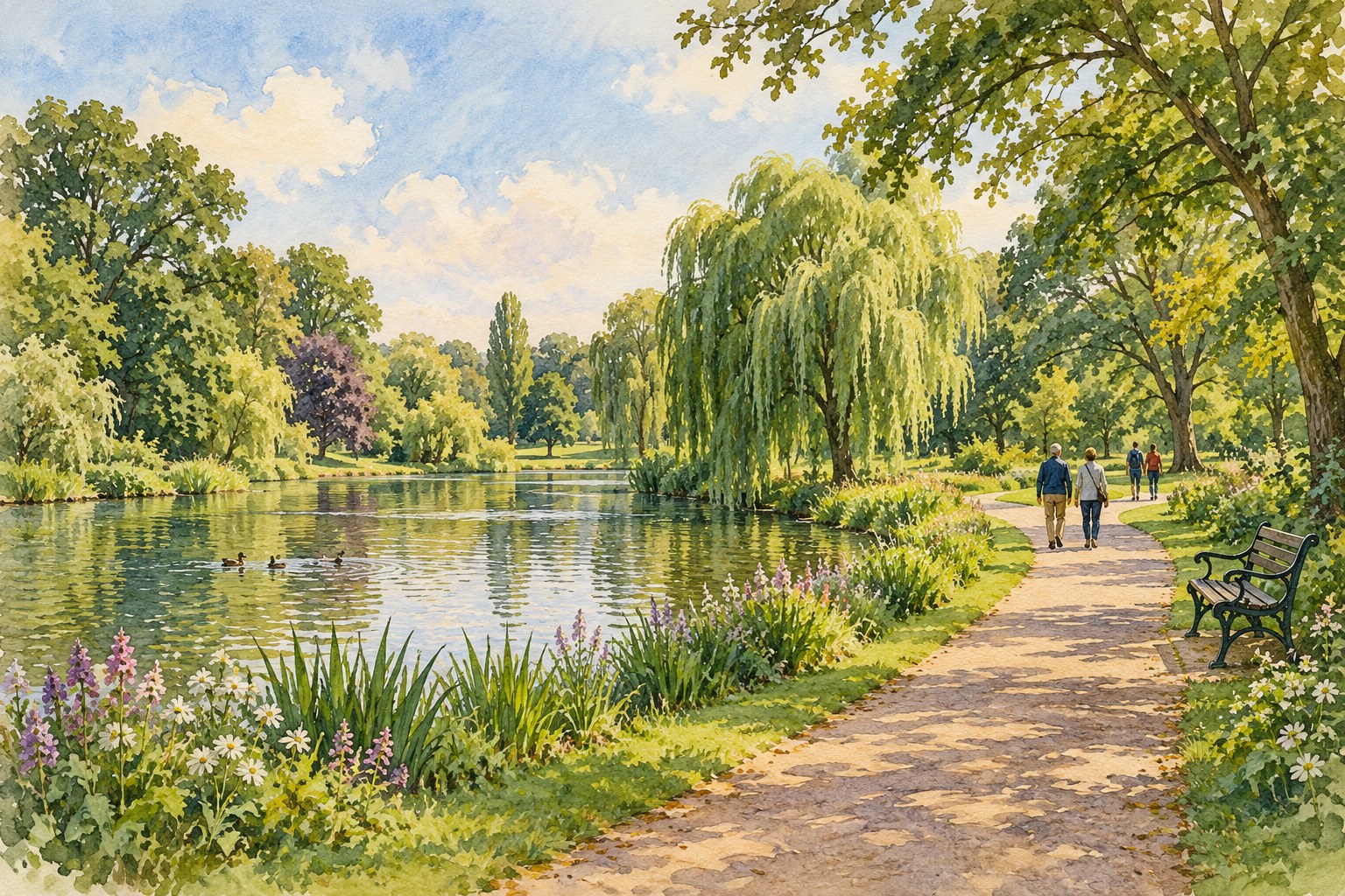 Representative watercolour illustration of a leafy lakeside walk inspired by Valentines Park